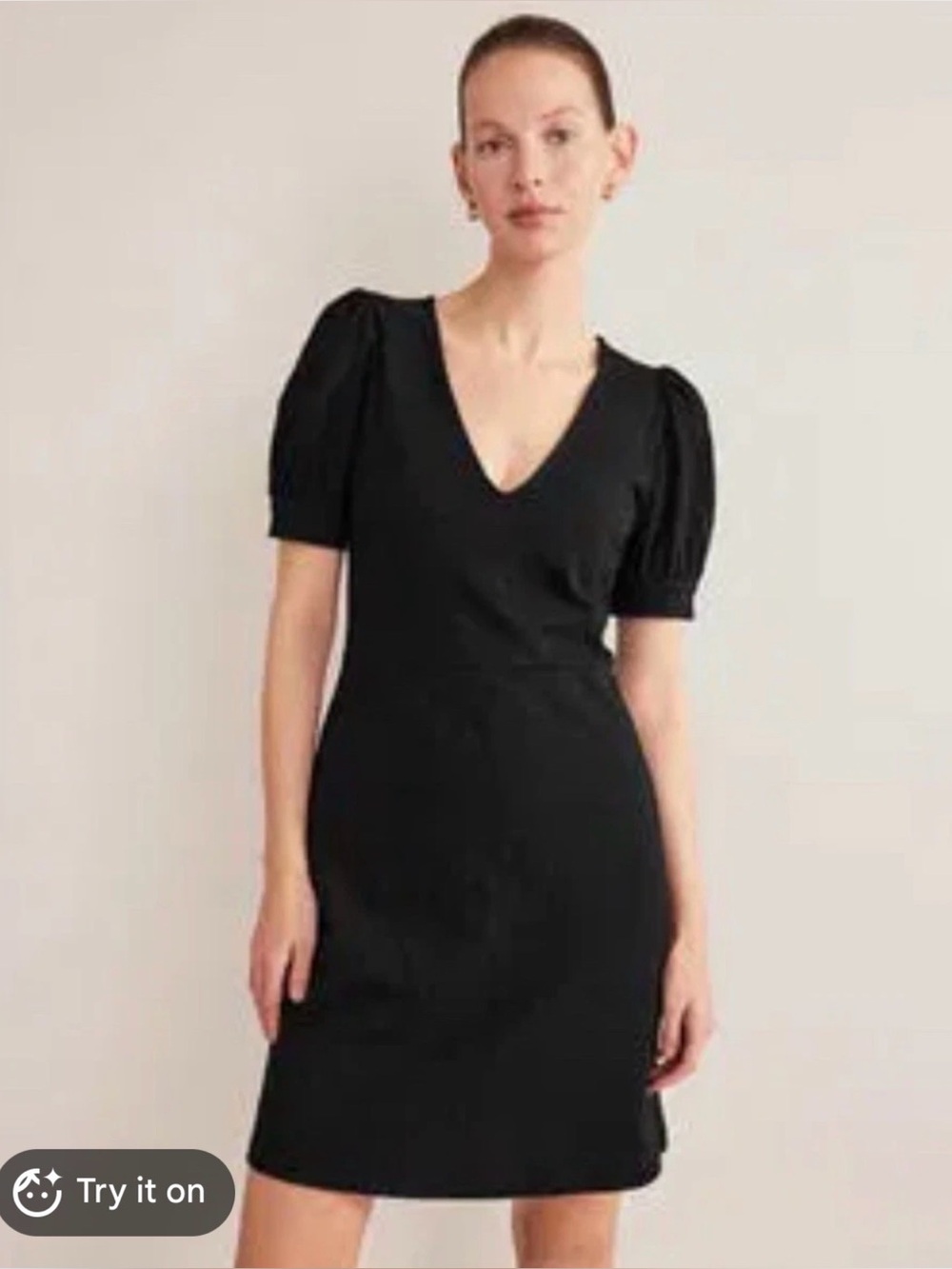 Boden V-Neck Mini Dress Short Puff Sleeves Black 100% Cotton Size 14L